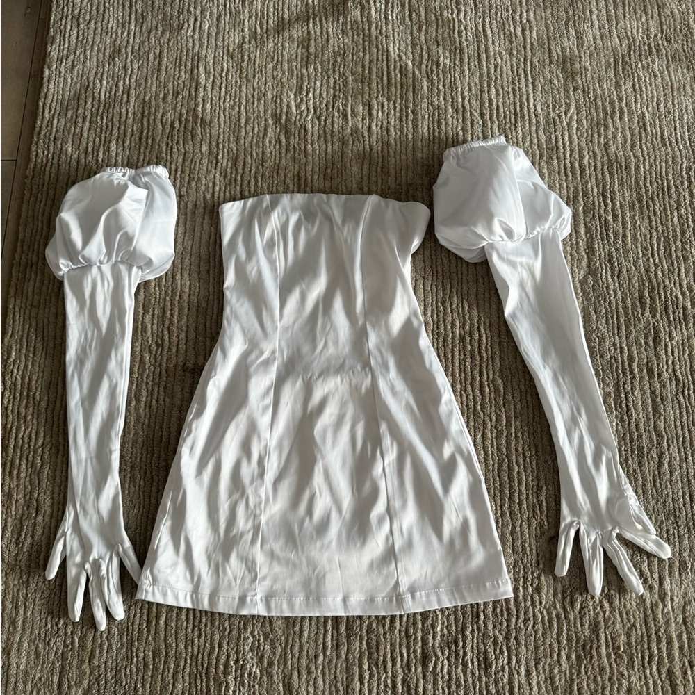 More to come white tube dress with puff sleeve gloves